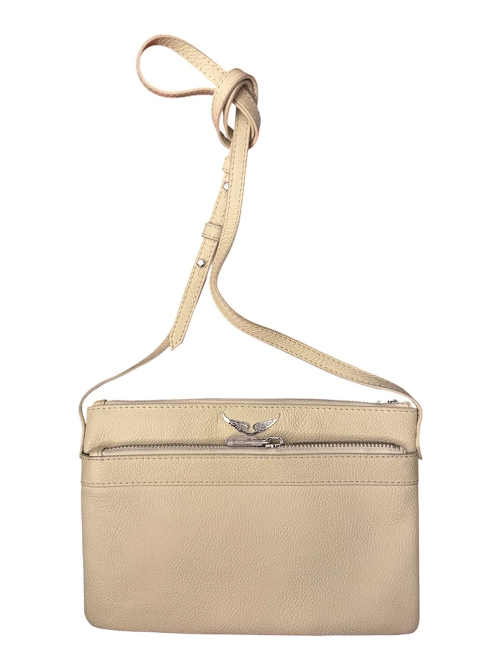 Zadig & Voltaire Beige Leather Crossbody Bag with Silver Wing Detail